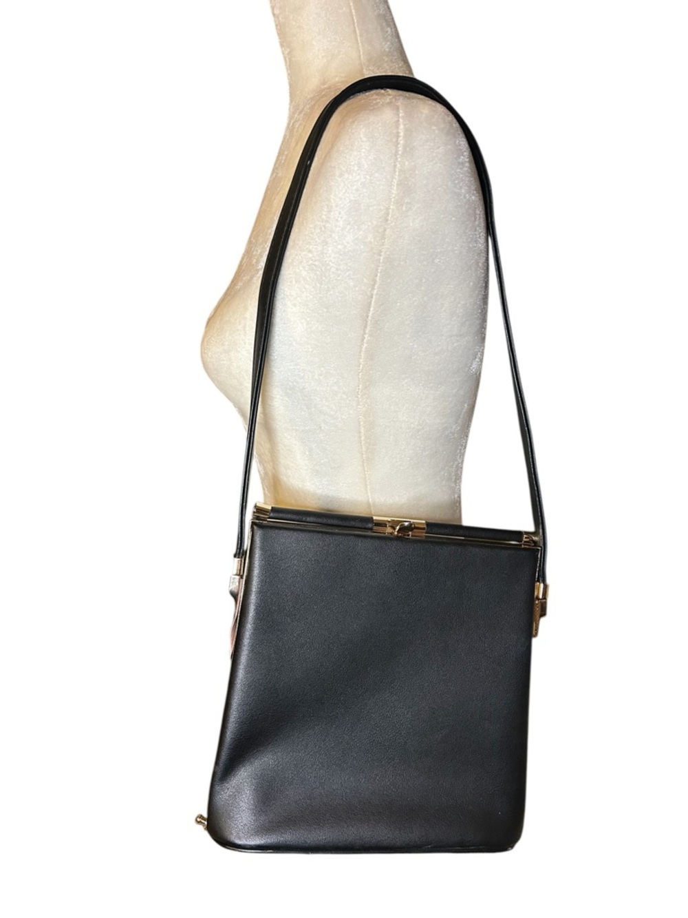 Minimalist and sleek Black Top-Handle Shoulder Bag with Gold Hardware - Picture 11 of 16